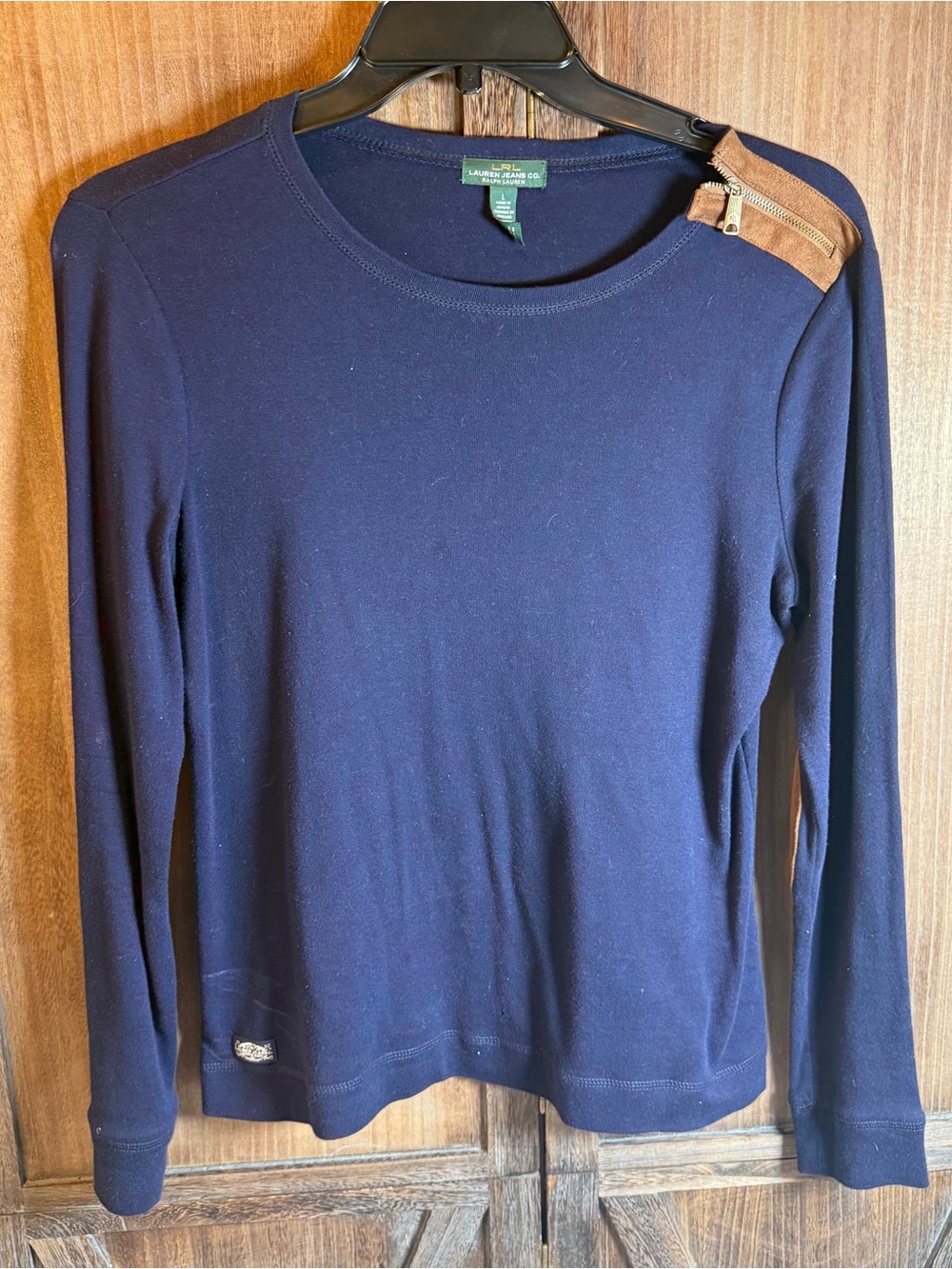 Ralph Lauren Navy Long-Sleeve large Crewneck Top with Tan Shoulder Zip Accent